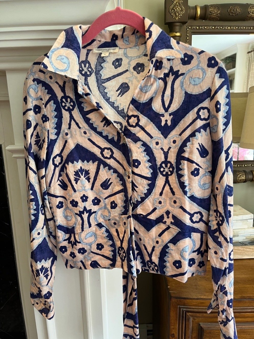 Blue and Blush Line Blend Tie-Front Long Sleeve Button Blouse